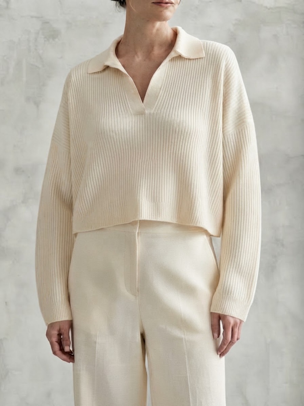 Brunette The Label Cream Ribbed Collared Sweater - Picture 3 of 11